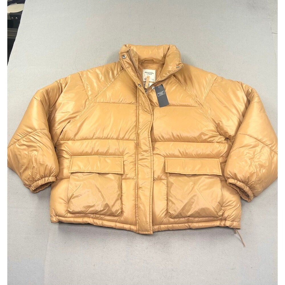 New Abercrombie & Fitch Women’s Utility Bomber Puffer Jacket Tan Large